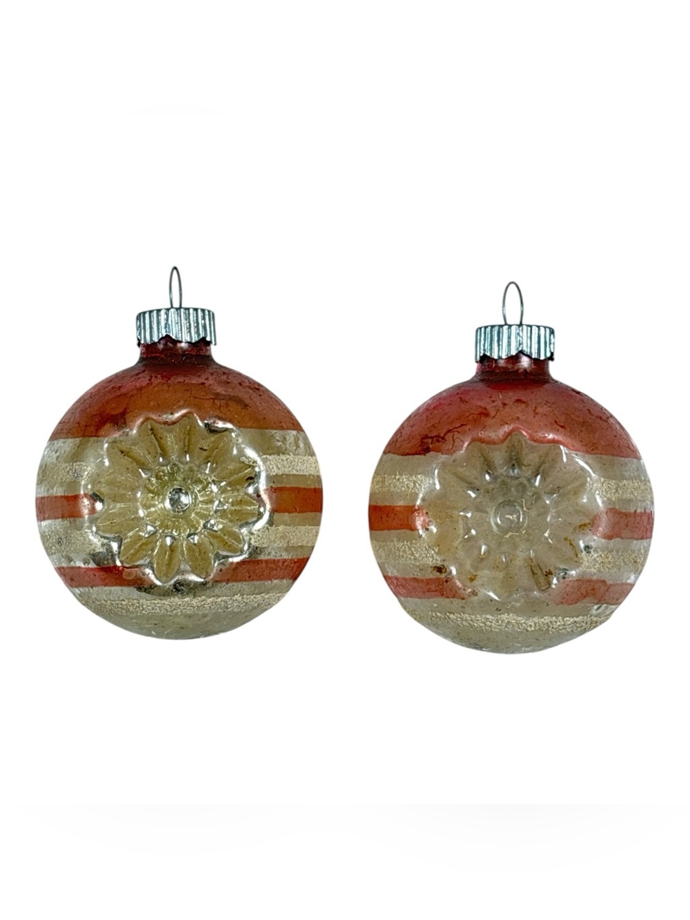 2 Vtg 2" Shiny Brite Double Indent Unsilvered Christmas Tree Ornament Glass Ball